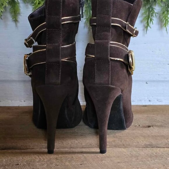 Size 8.5 De Blossom Collection Brown Gold Buckle Ankle Booties High Heels Shoes - Picture 4 of 16